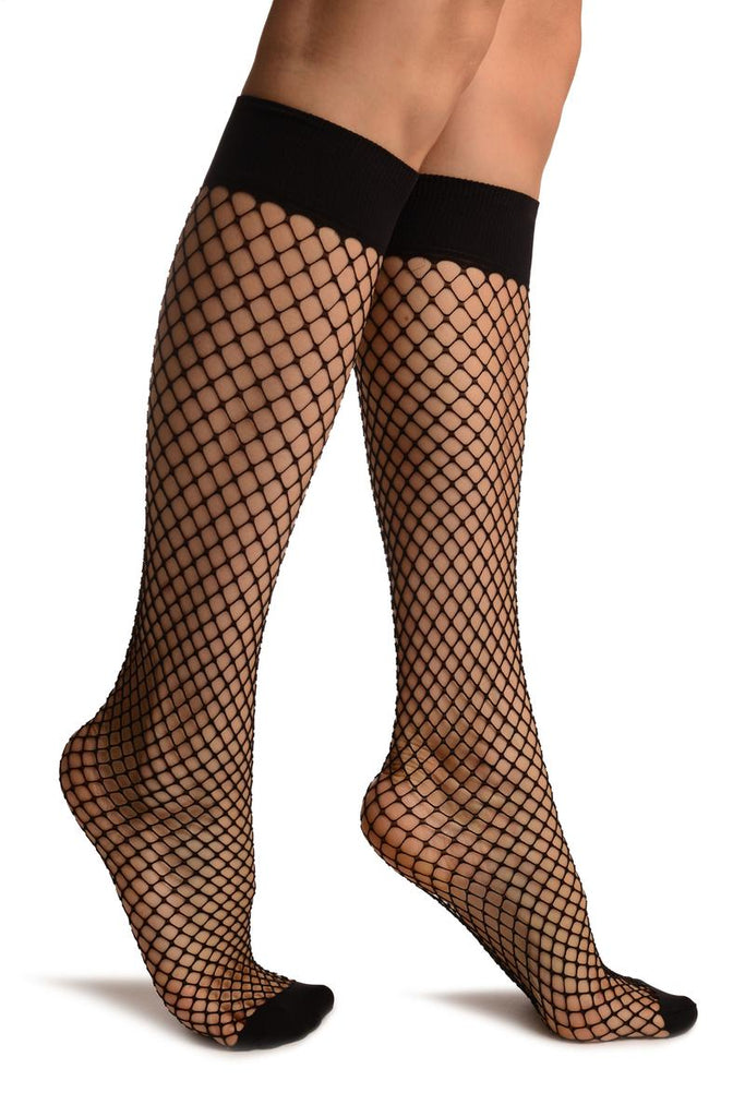 Black Fishnet With Wide Top & Opaque Toe Knee High Socks