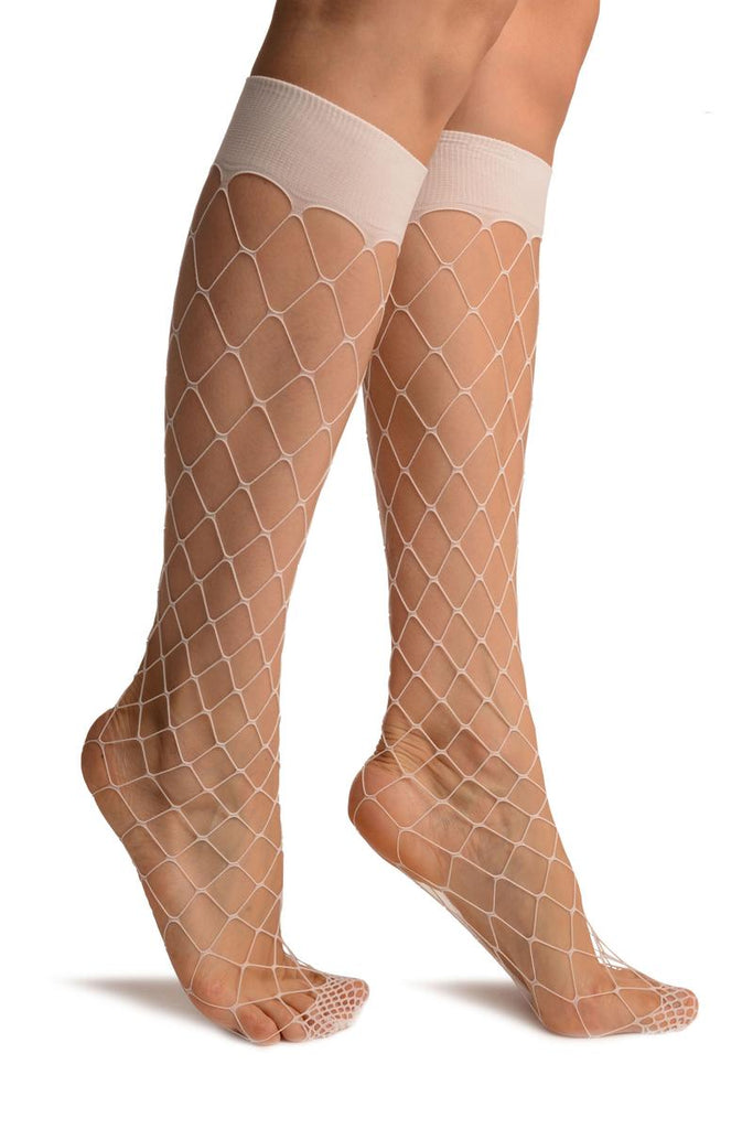 White Large Fishnet With Wide Top & Reinforced Toe Knee High Socks
