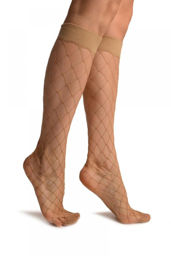 Beige Large Fishnet With Wide Top & Reinforced Toe Knee High Socks