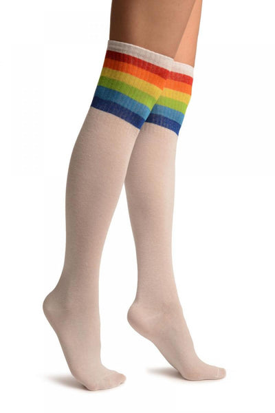 White With Rainbow Stripes Referee Knee High Socks