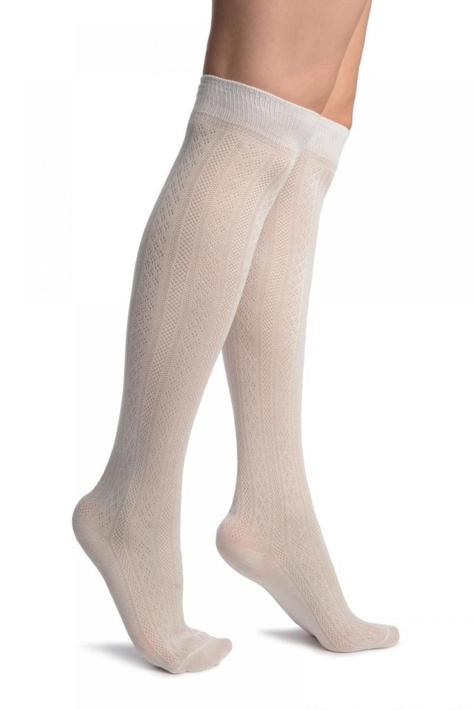 White With Crocheted Stripes Knee High Socks