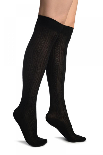 Black With Crocheted Stripes Knee High Socks