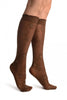 Brown Opaque Flowers On Micro Mesh Knee High Socks