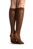 Brown Opaque Flowers On Micro Mesh Knee High Socks