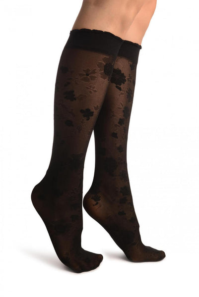 Black Opaque Flowers On Micro Mesh Knee High Socks