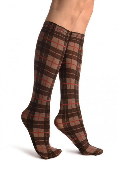 Brown Scottish Tartan Knee High Socks