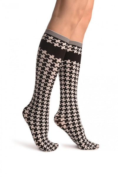 Houndstooth Black White Knee High Socks