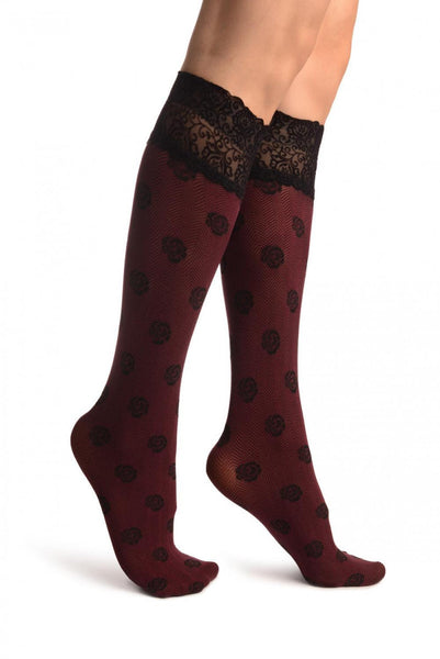 Black Roses On Bordeaux With Velvet Silicon Top Knee High Socks