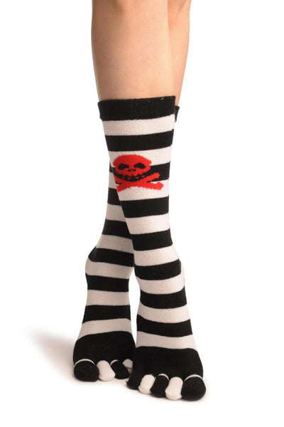 Crossbones On Black & White Stripes Toe Socks