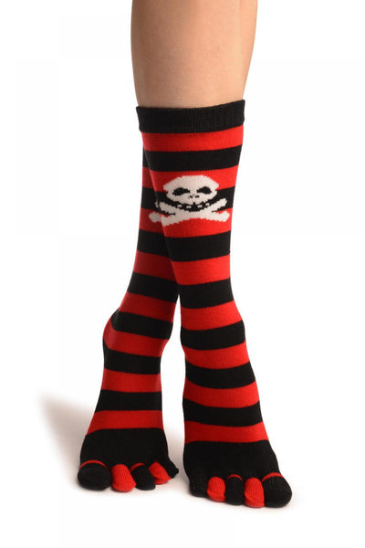 Crossbones On Black & Red Stripes Toe Socks