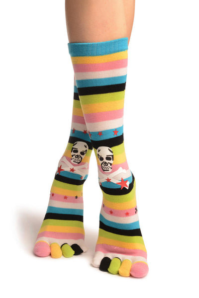 Printed Crossbones With Green & Blue Stripes Toe Socks