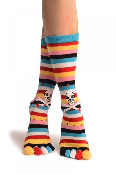 Printed Crossbones With Red & Blue Stripes Toe Socks