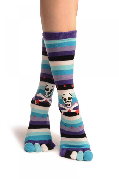 Printed Crossbones With Purple & Blue Stripes Toe Socks