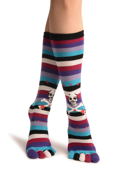 Printed Crossbones With Burgundy & Blue Stripes Toe Socks