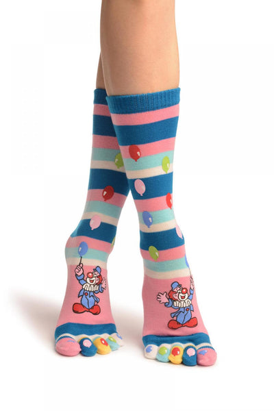 Printed Clown & Balloons On Striped Pink Toe Socks