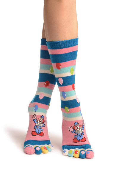 Printed Clown & Balloons On Striped Pink Toe Socks