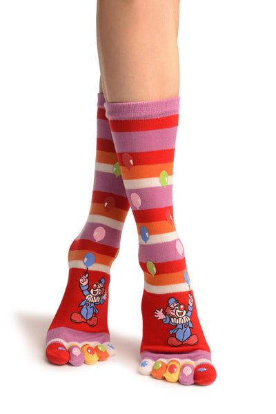 Printed Clown & Balloons On Striped Red Toe Socks