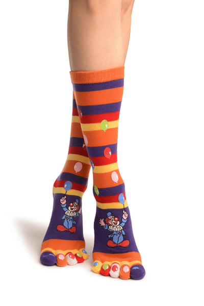 Printed Clown & Balloons On Striped Purple Toe Socks