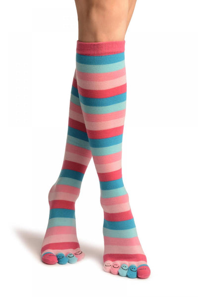 Pink & Blue Stripes & Printed Smiles Knee High Toe Socks