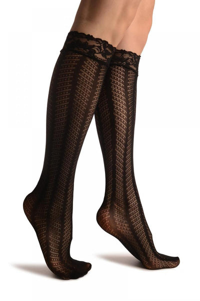 Dotted Line Stripes Black Lace Knee High Socks