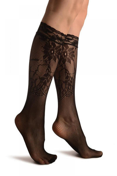 Fishnet With Rounded Floral Panels Black Lace Knee High Socks