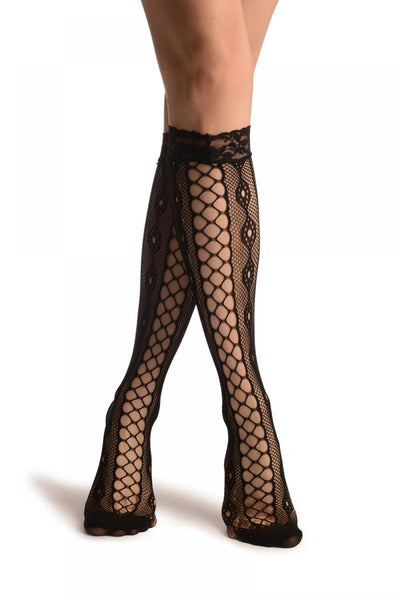 Large Net Stripe With Keyholes Mesh Black Lace Knee High Socks