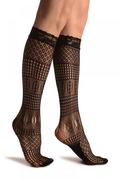 Crochet Lace Stripes Mix Black Lace Knee High Socks