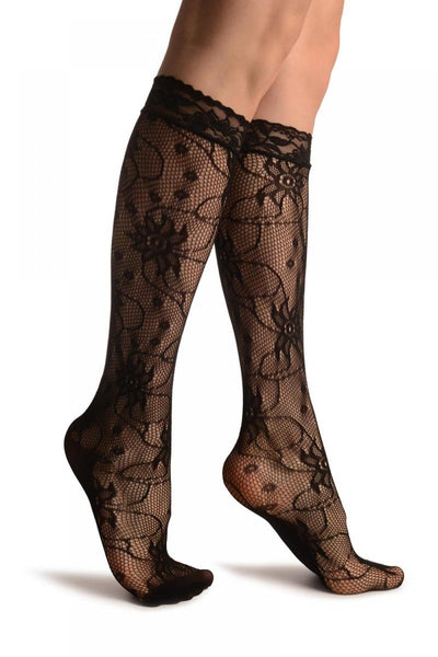 Flowers With Black Pearls Black Lace Knee High Socks