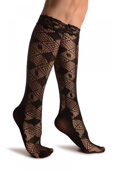 Opaque & Mesh Diamonds Black Lace Knee High Socks