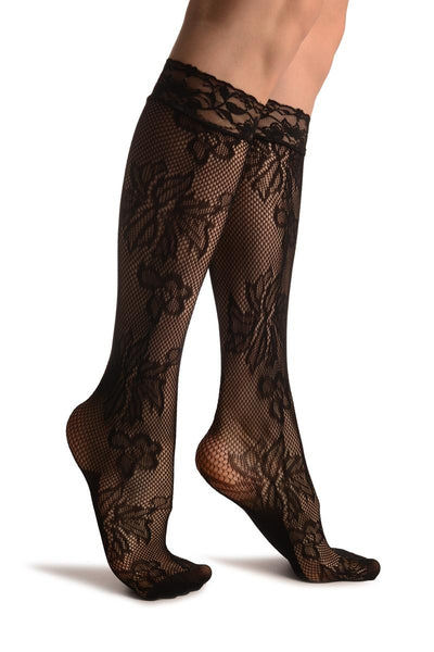 Orchid & Peony Flowers Black Lace Knee High Socks