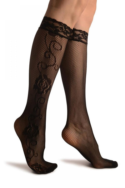 Linked Roses On The Side Black Lace Knee High Socks