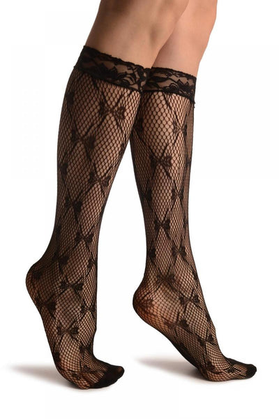 Diamonds With Bows Black Lace Knee High Socks