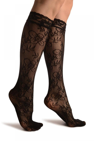 Small Viola Flowers Black Lace Knee High Socks