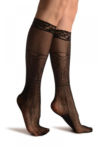 Diamonds, Flowers & Mesh Panels Lace Knee High Socks