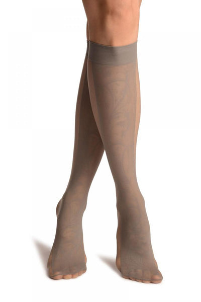 Grey With Non Transparent Floral Seam Knee High Socks