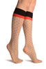 Nude With Black Polka Dots & Red Stripe Top Knee High Socks
