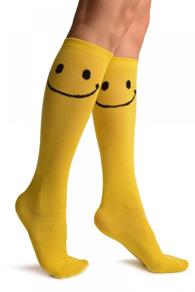 Yellow With Woven Happy Faces Knee High Socks