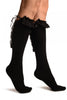 Black With Silver Ribbon Lace Up & Lace Top Knee High Socks