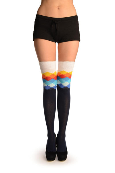 Oxford Blue With White Harlequin Top Over The Knee Socks