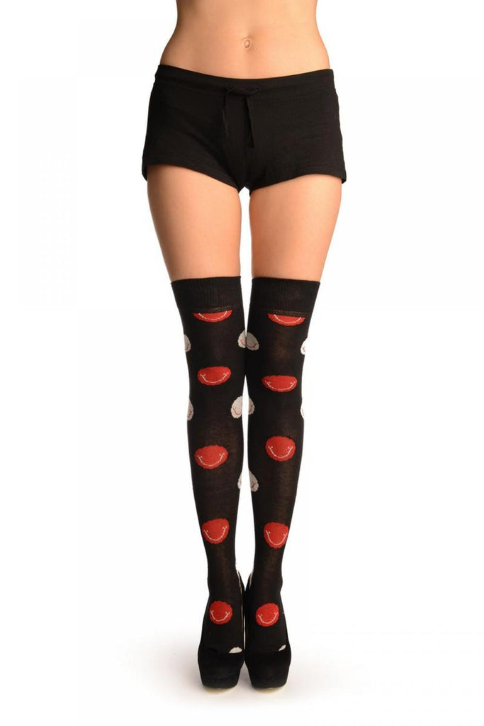 Black With Red And White Smiling Balls Over The Knee Socks