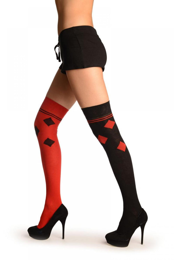 One Red & One Black With Reversed Tiles & Stripes Over The Knee Socks