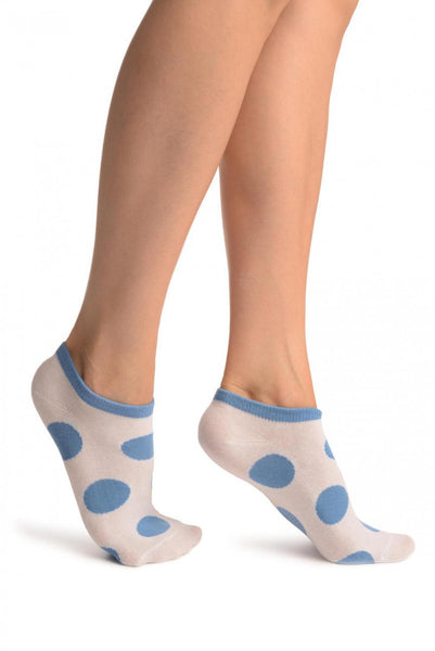 White With Large Blue Polka Dot Footies Socks