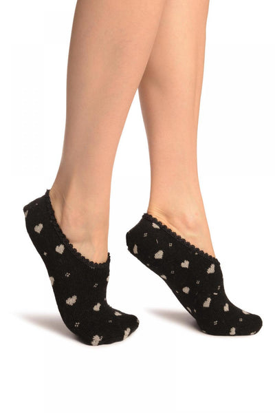 Hearts On Black With Lace Trim Angora Footies Socks