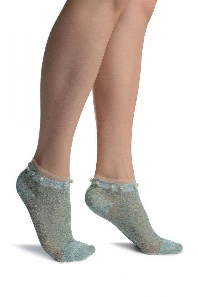 Powder Blue With Lurex, Pearls & Frills Top Footsies Socks