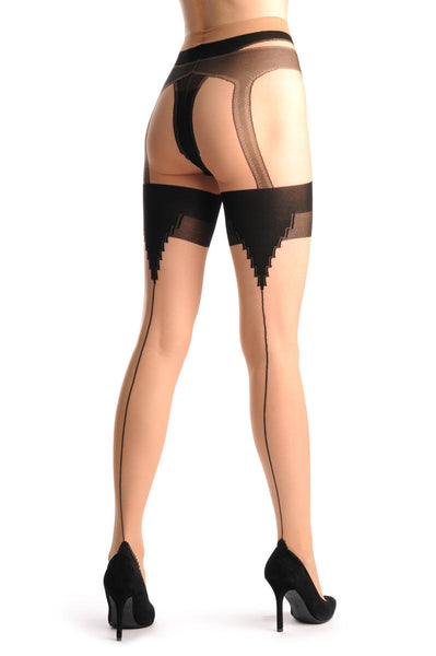 Nude With Black Seam & Faux Thong & Suspender Belt