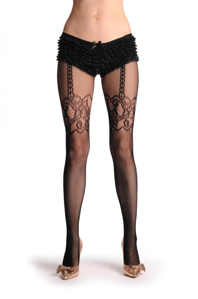 Wide Lace Faux Stockings Fishnet With Suspender Belt