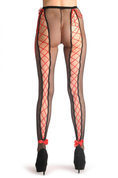 Black Fishnet With Read Wide Corset Seam & Bow