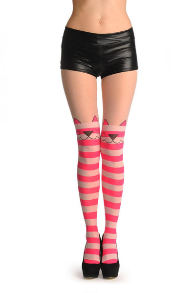 Pink & White Stripes With Over The Knee Cute Cat