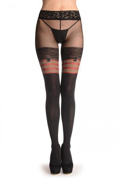 Faux Stockings With Red Tartan Garter & Lace Top