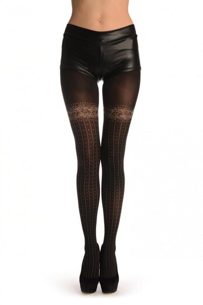 Dark Grey Faux With Pinstripes & Dots Stockings And Floral Garter